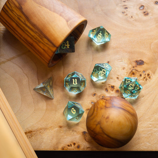Green Water Glass Hand Carved DND Dice Set Runic Dice