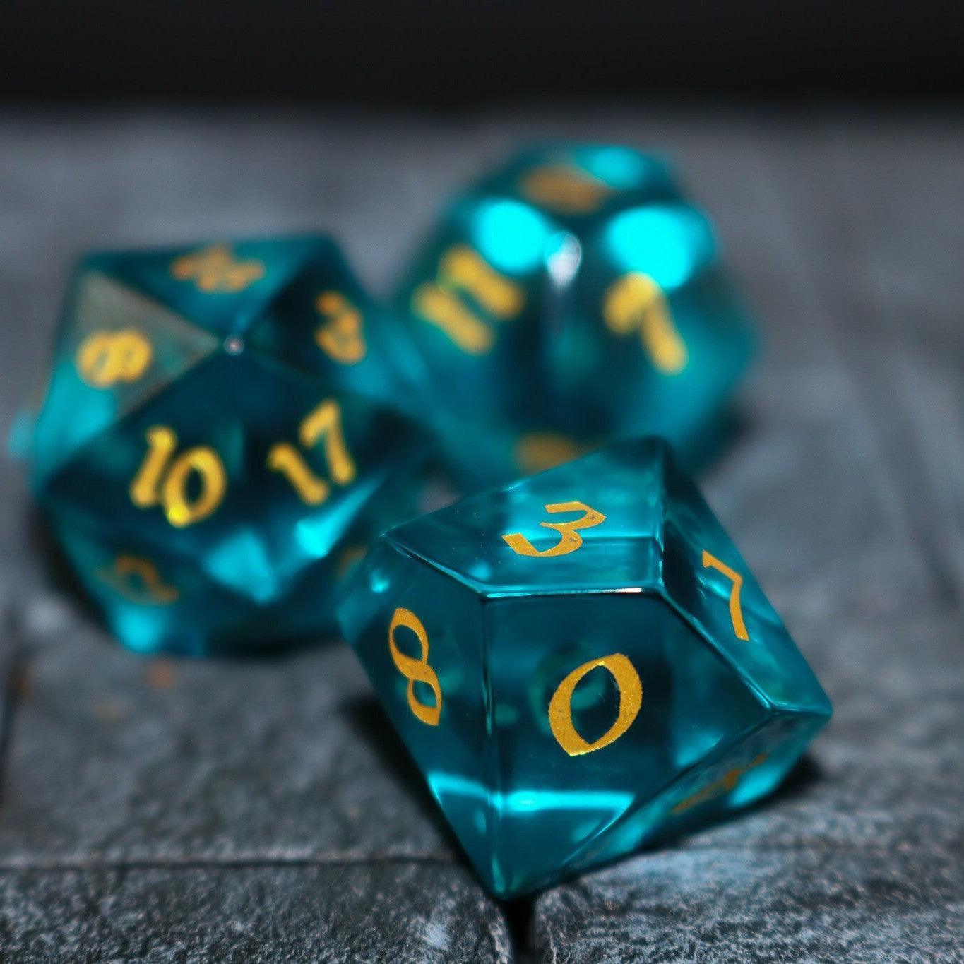 Green Zircon Glass Hand Carved DND Dice Set Runic Dice