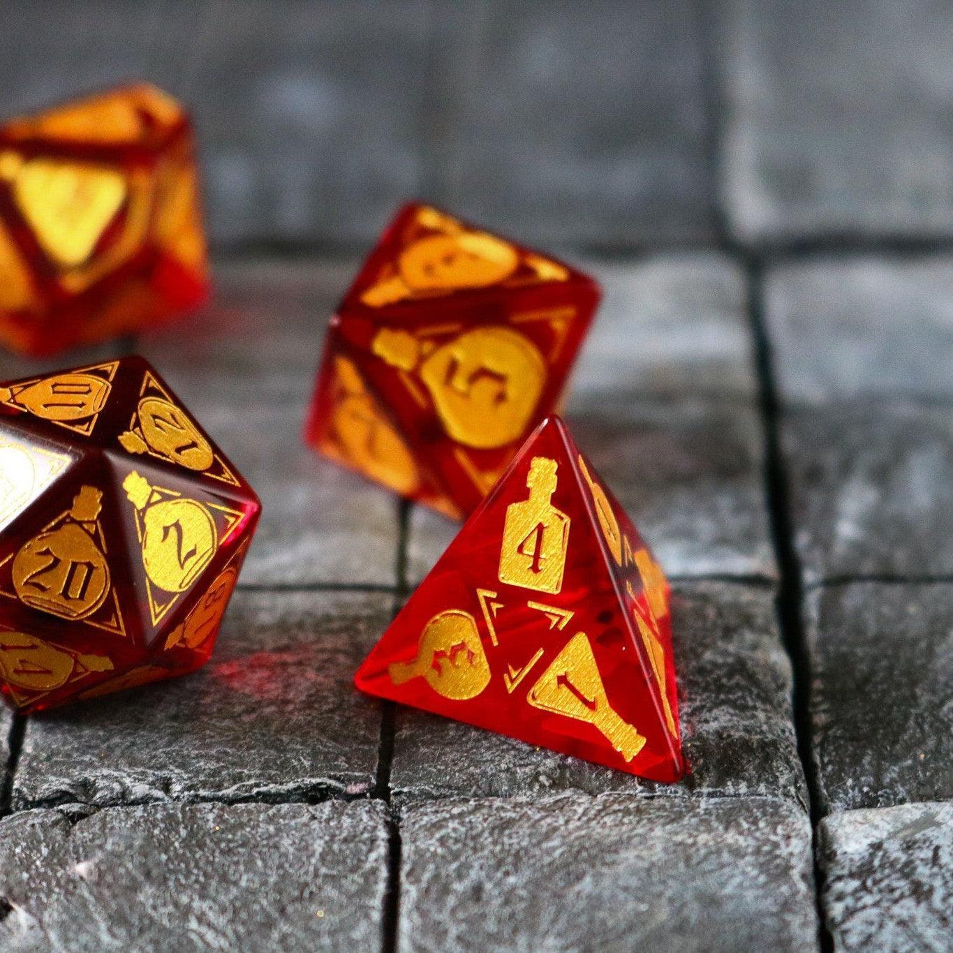 Health Potion Red Zircon Glass DND Dice Set Runic Dice