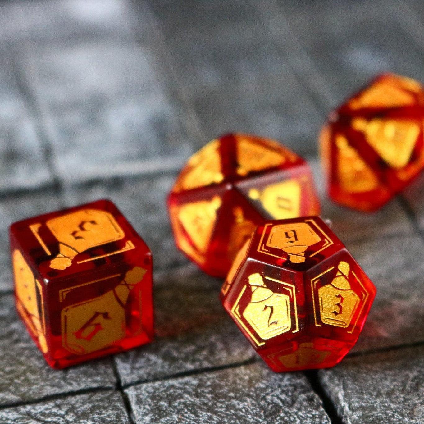 Health Potion Red Zircon Glass DND Dice Set Runic Dice