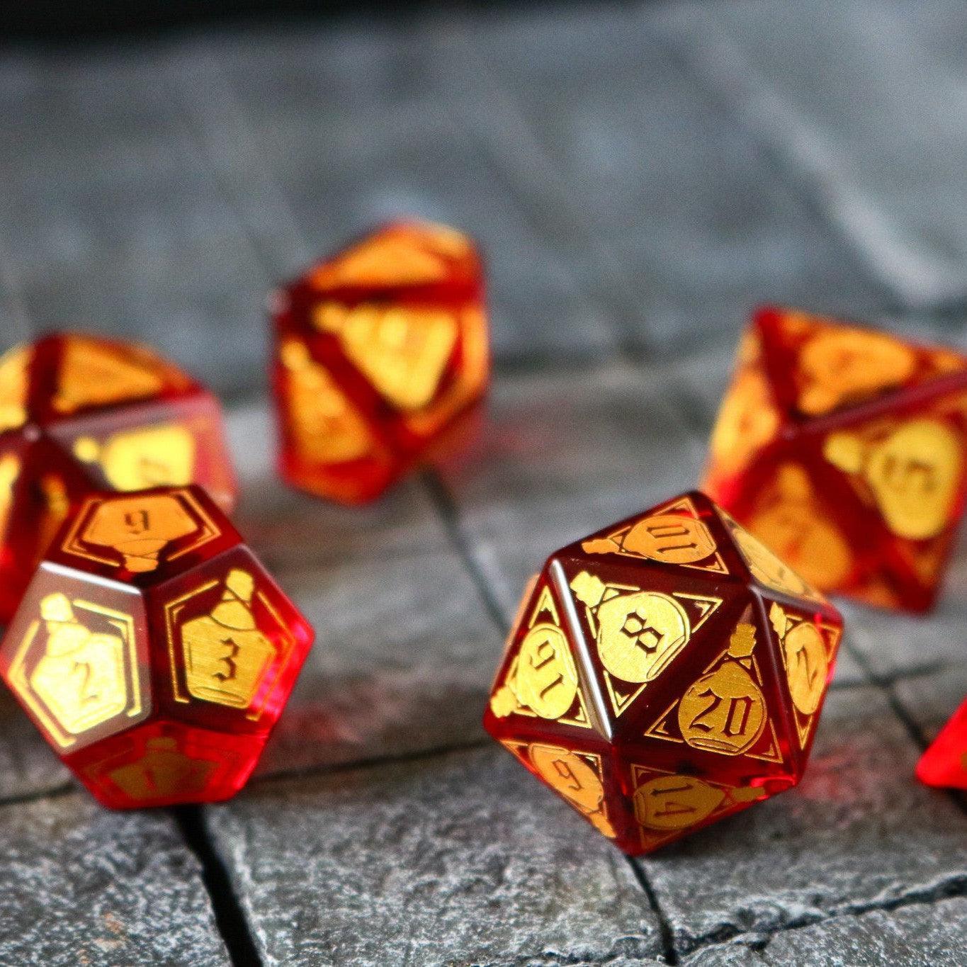 Health Potion Red Zircon Glass DND Dice Set Runic Dice