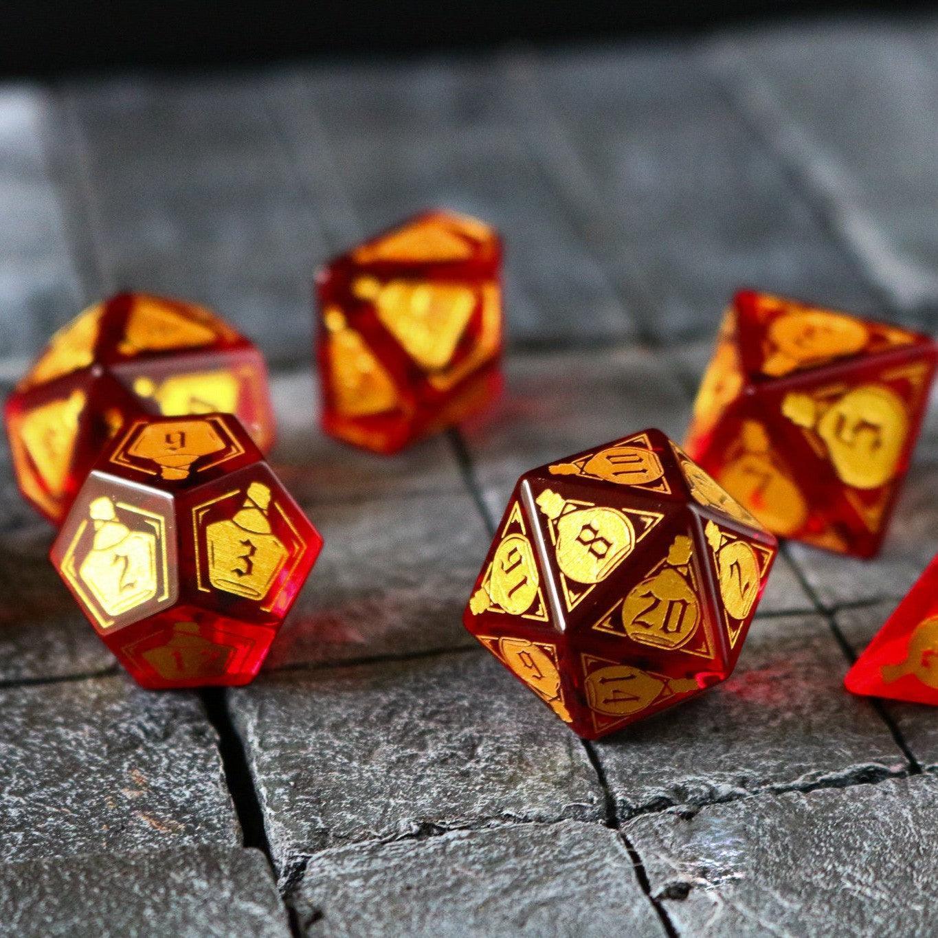 Health Potion Red Zircon Glass DND Dice Set Runic Dice