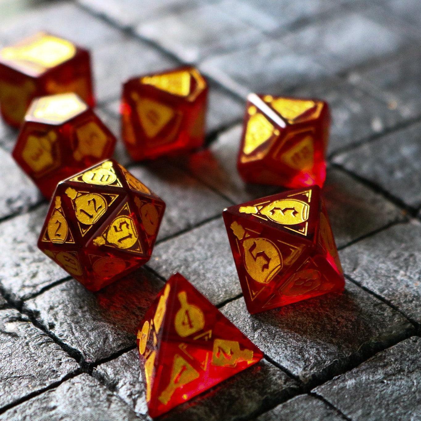 Health Potion Red Zircon Glass DND Dice Set Runic Dice