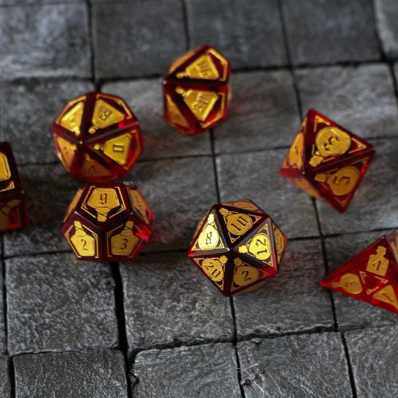Health Potion Red Zircon Glass DND Dice Set Runic Dice
