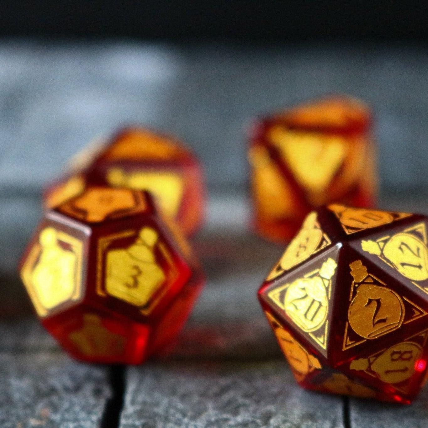 Health Potion Red Zircon Glass DND Dice Set Runic Dice