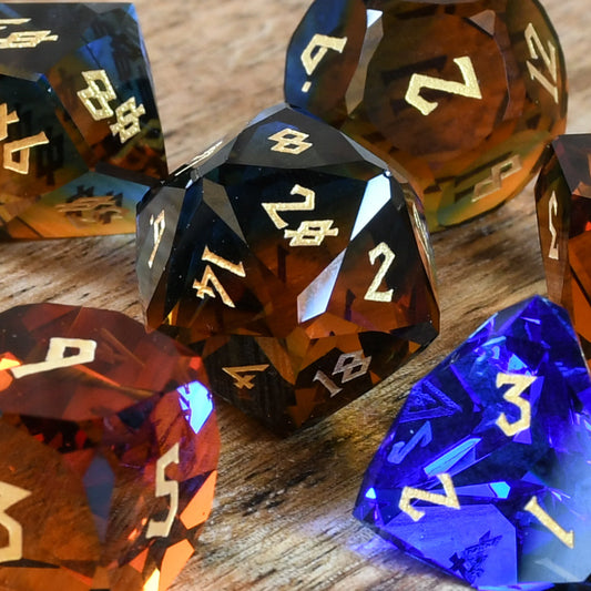Ice and Fire Multifaceted Glass Dice Set Misty Mountain Gaming