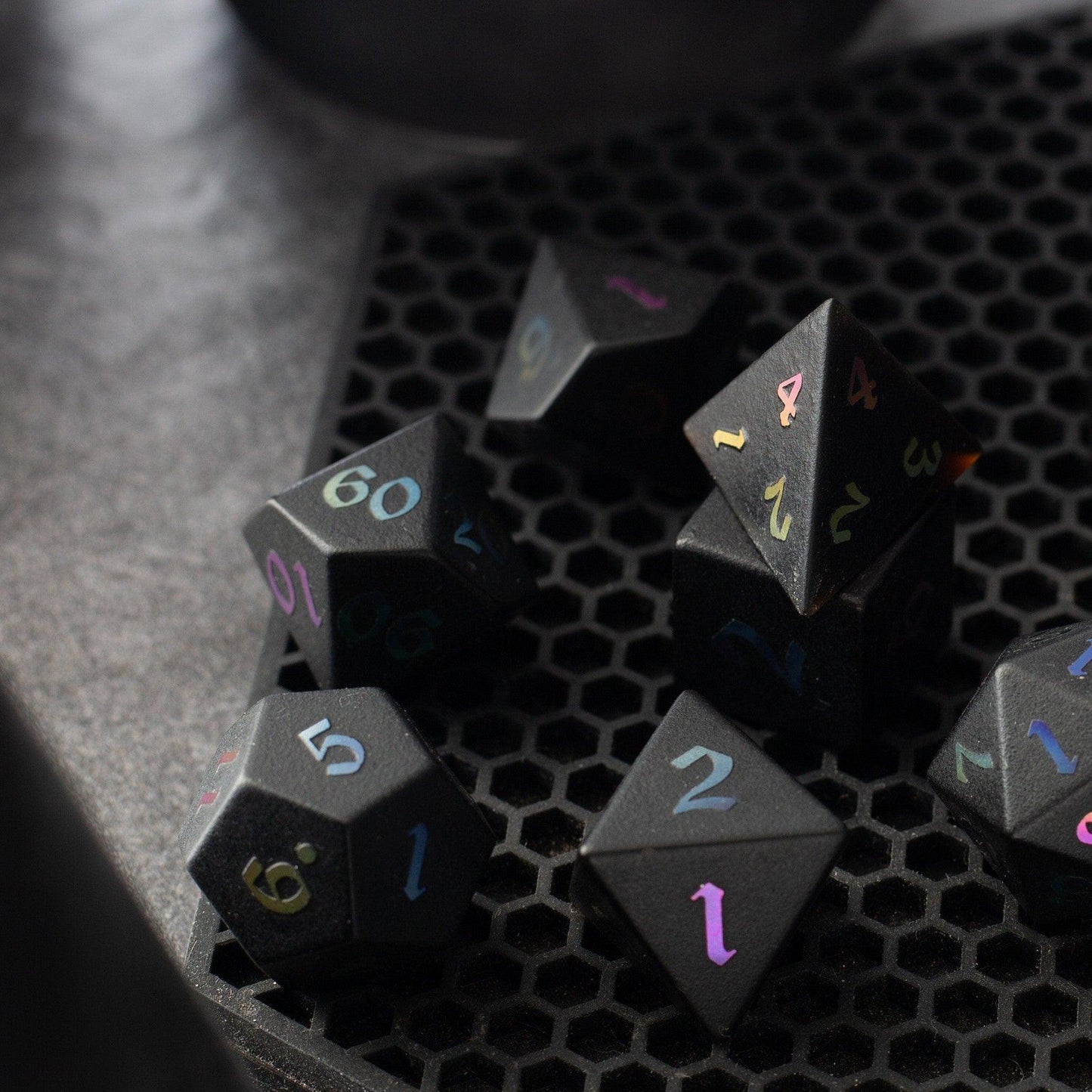 Inked Black Night Raised Obsidian Hand Carved Dice DND Set Runic Dice