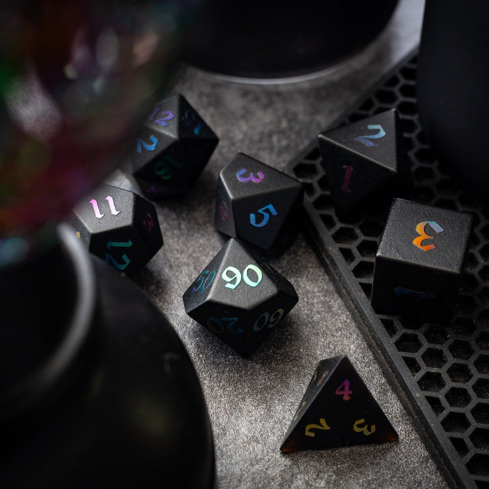 Inked Black Night Raised Obsidian Hand Carved Dice DND Set Runic Dice