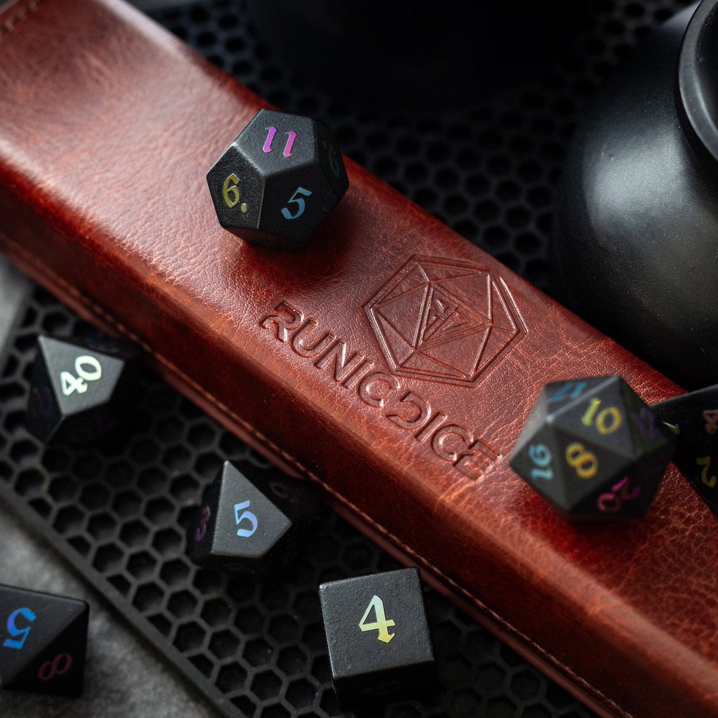 Inked Black Night Raised Obsidian Hand Carved Dice DND Set Runic Dice