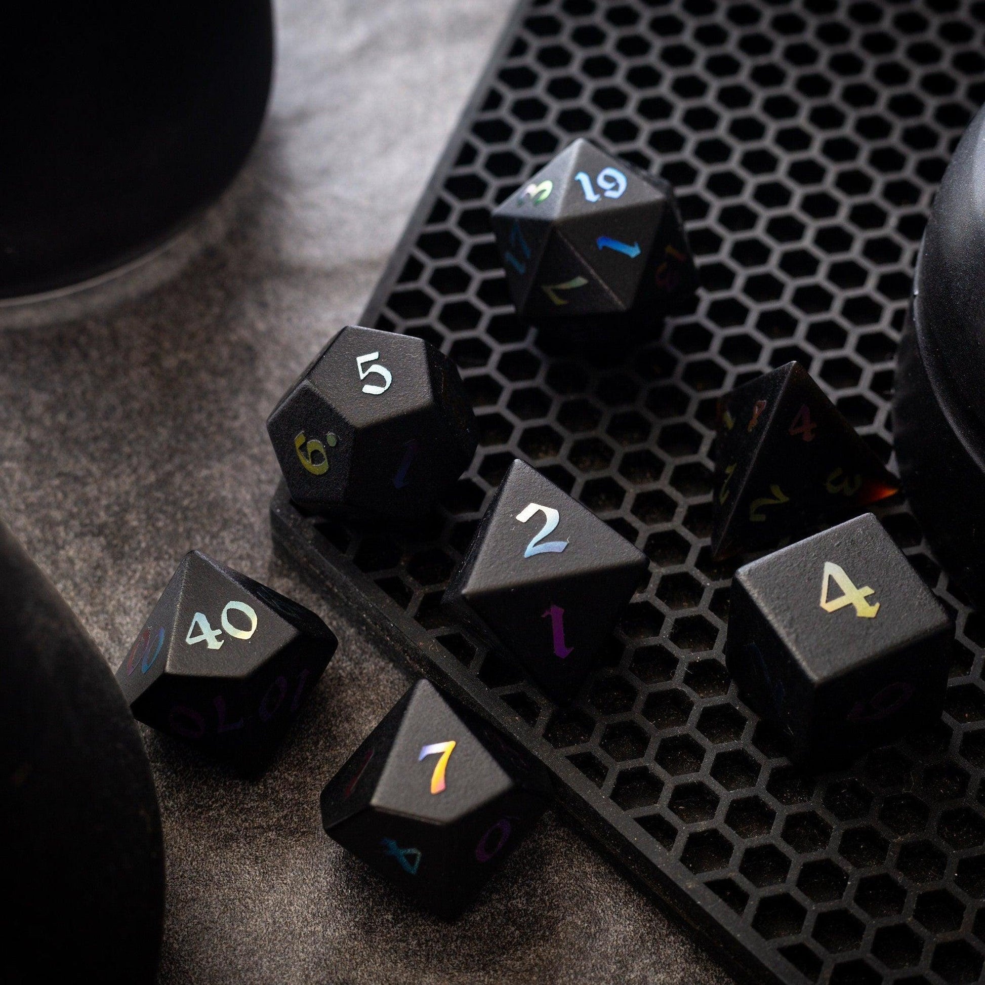 Inked Black Night Raised Obsidian Hand Carved Dice DND Set Runic Dice