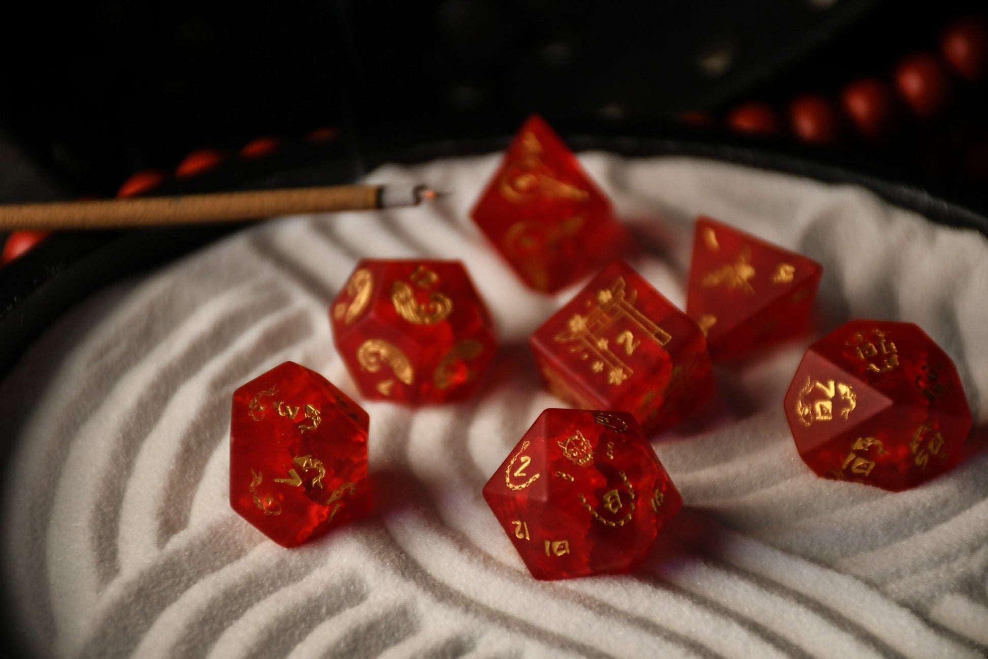 Japanese Frosted Red Glass Dice Set - Dice Around the World Collection Misty Mountain Gaming