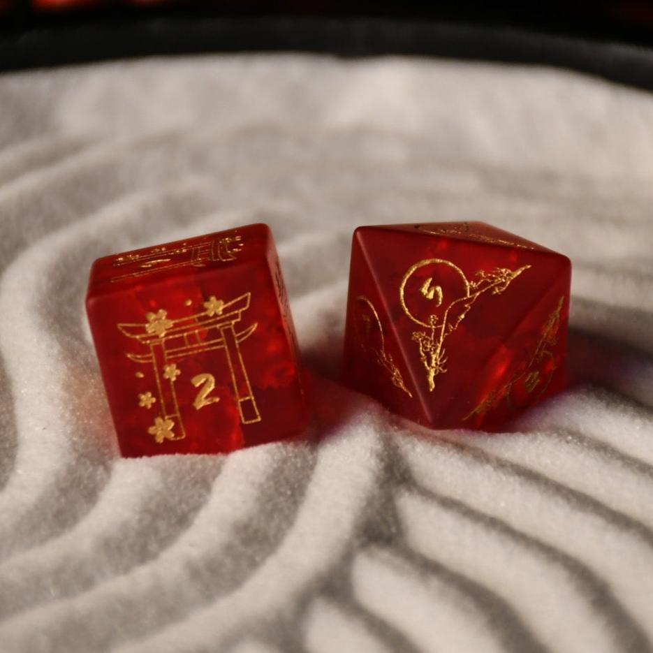 Japanese Frosted Red Glass Dice Set - Dice Around the World Collection Misty Mountain Gaming