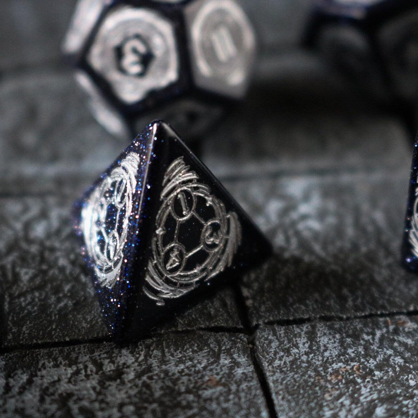 Mage Fury Blue Sandstone Silver Font Gemstone DND Dice Set Runic Dice
