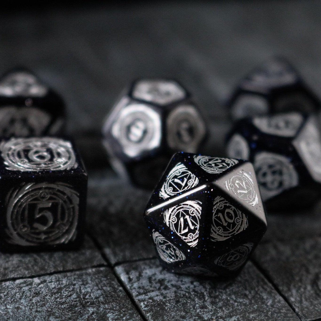 Mage Fury Blue Sandstone Silver Font Gemstone DND Dice Set Runic Dice