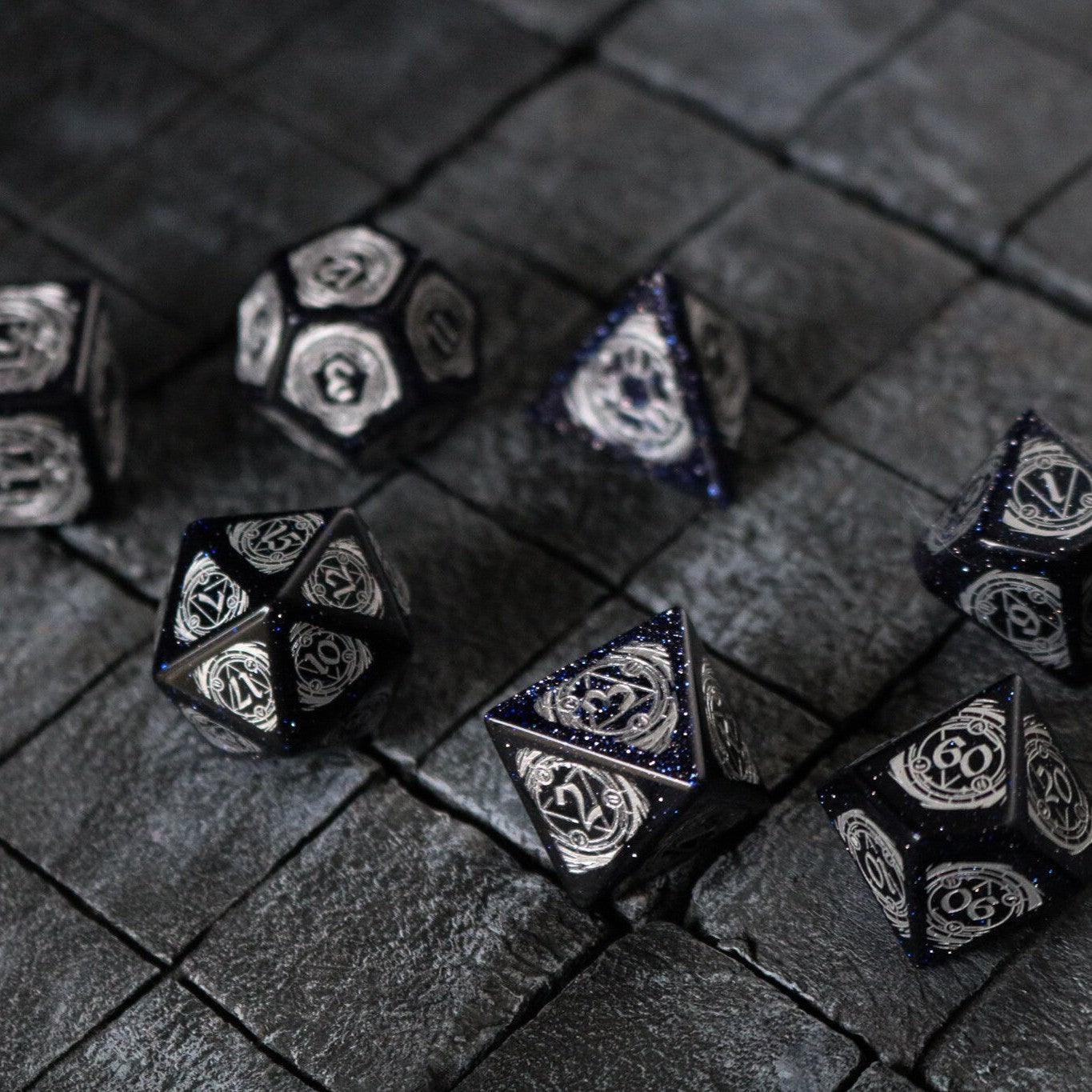 Mage Fury Blue Sandstone Silver Font Gemstone DND Dice Set Runic Dice