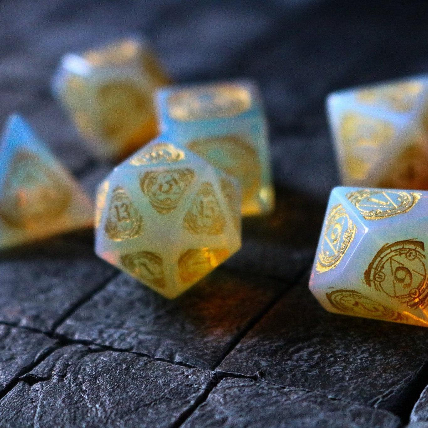 Mage Fury Gemstone Opalite Hand Carved DND Dice Set Runic Dice