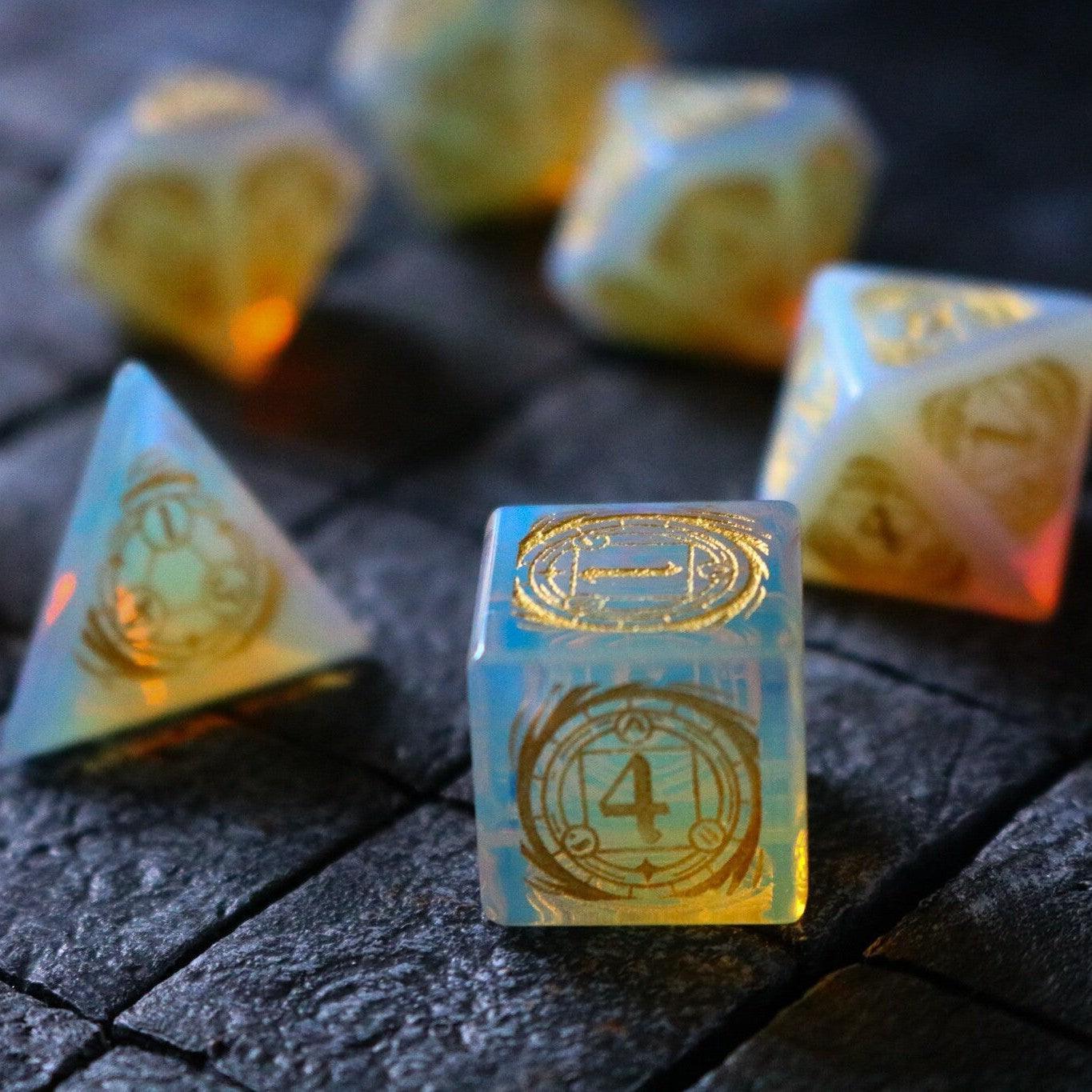 Mage Fury Gemstone Opalite Hand Carved DND Dice Set Runic Dice