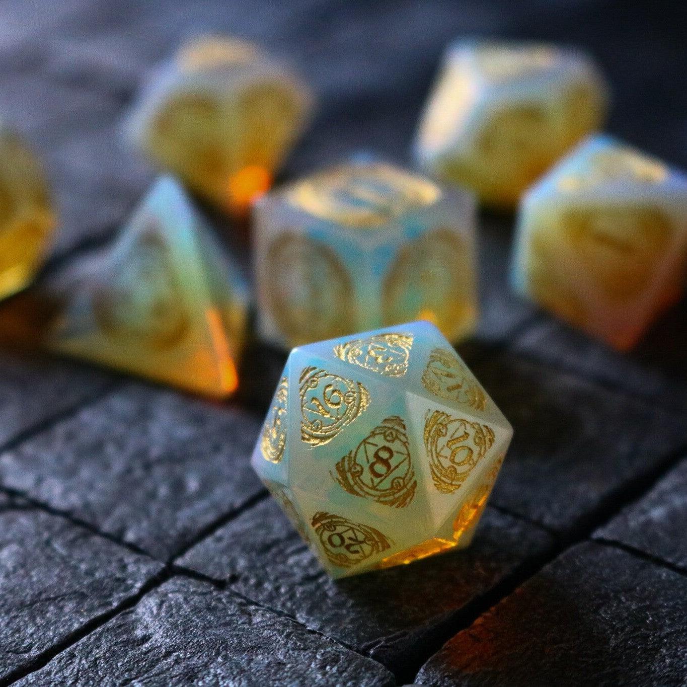Mage Fury Gemstone Opalite Hand Carved DND Dice Set Runic Dice