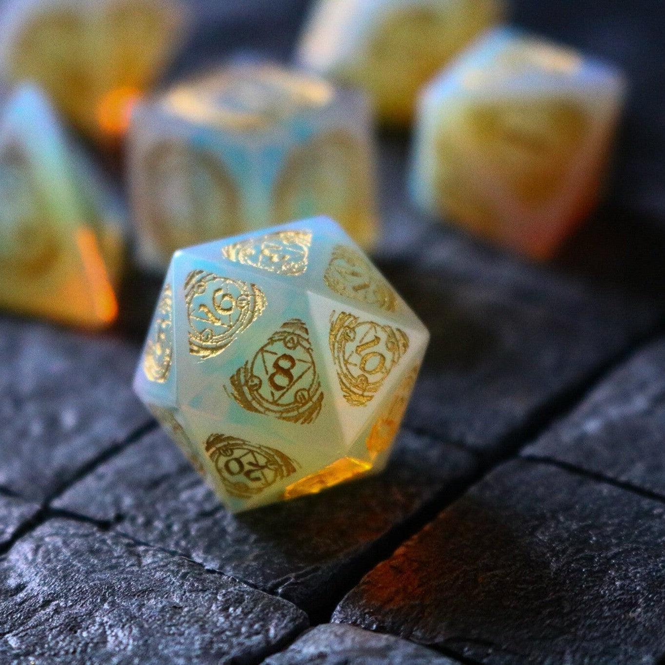 Mage Fury Gemstone Opalite Hand Carved DND Dice Set Runic Dice