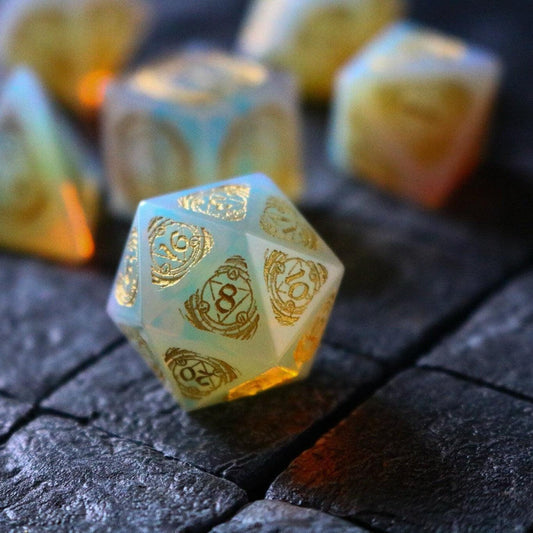 Mage Fury Gemstone Opalite Hand Carved DND Dice Set Runic Dice
