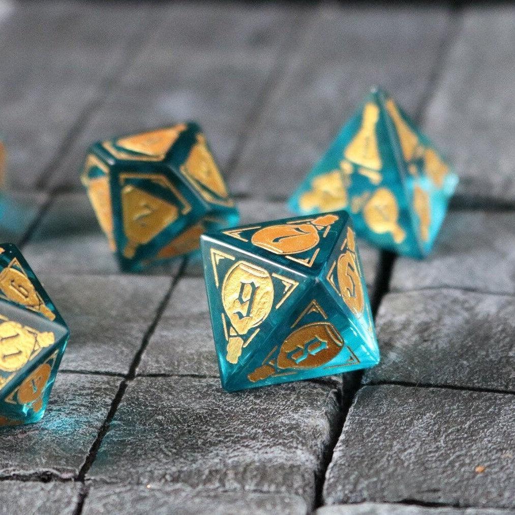 Mana Potion Blue Zircon Glass DND Dice Set Runic Dice