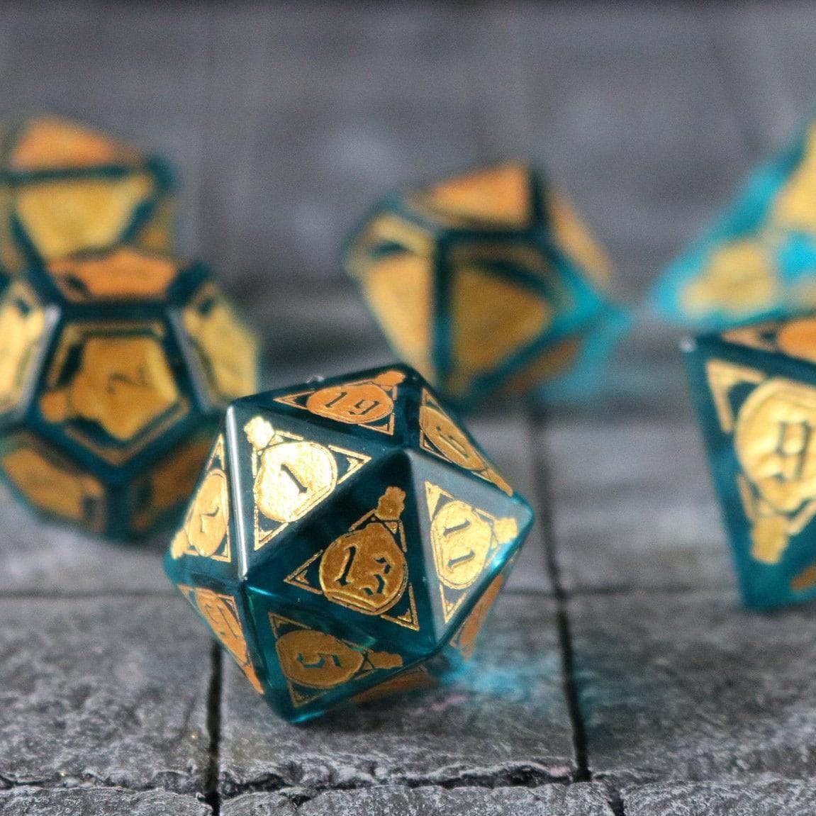 Mana Potion Blue Zircon Glass DND Dice Set Runic Dice