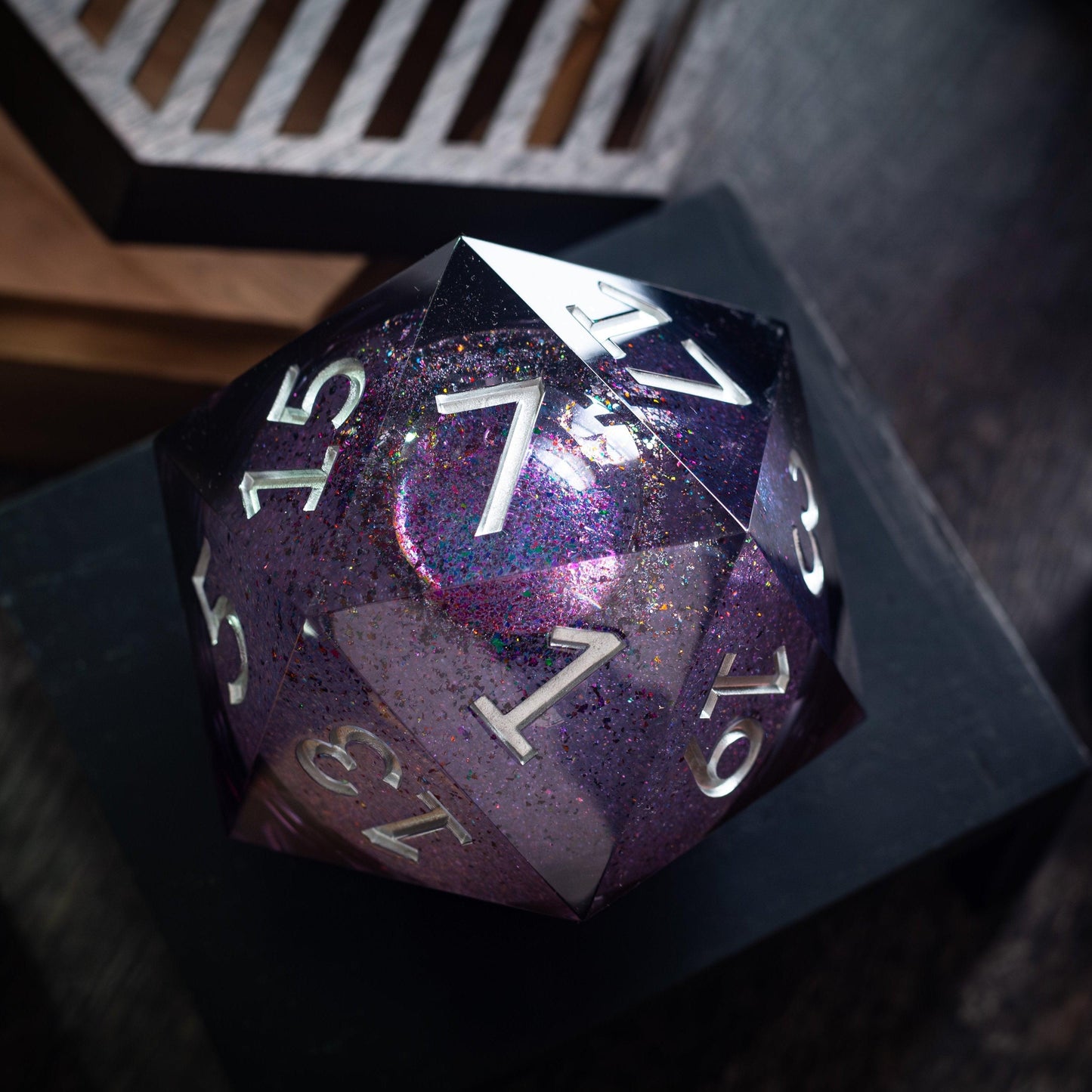 Massive Black Rainbow Glitter Liquid Core 95MM Chonk Handmade Resin Dice And Box Runic Dice