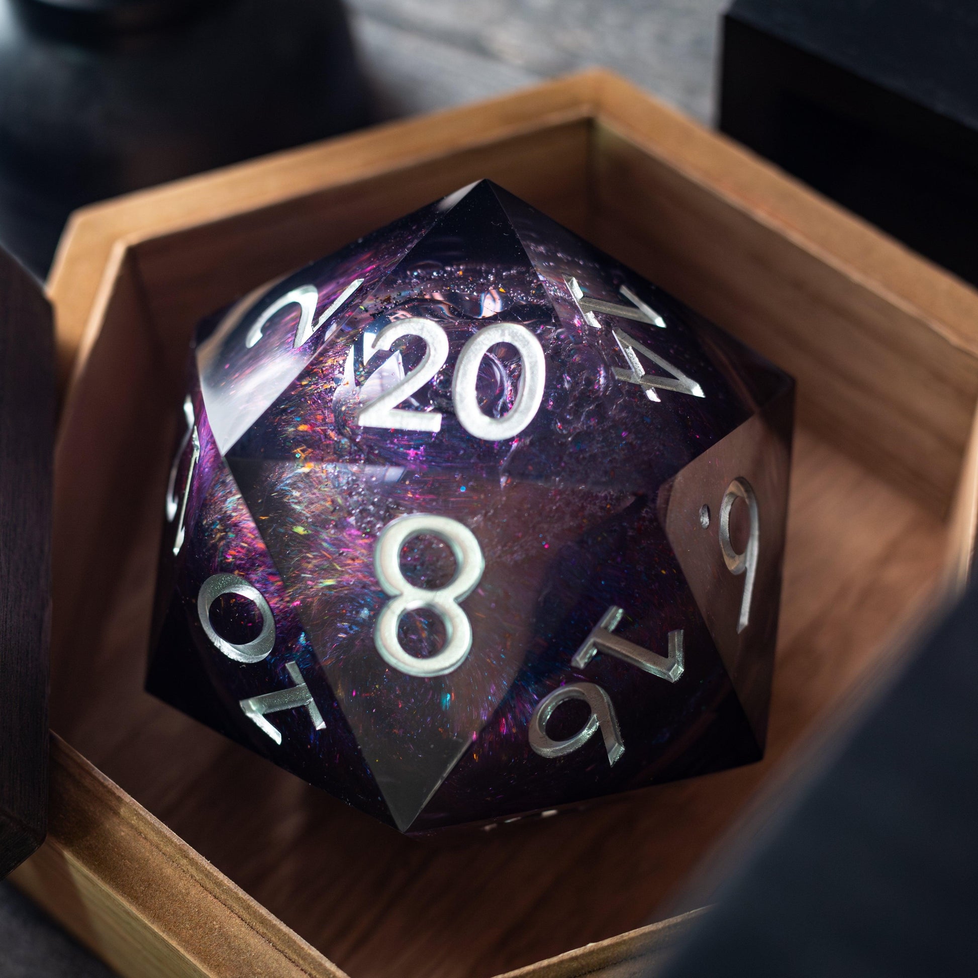 Massive Black Rainbow Glitter Liquid Core 95MM Chonk Handmade Resin Dice And Box Runic Dice