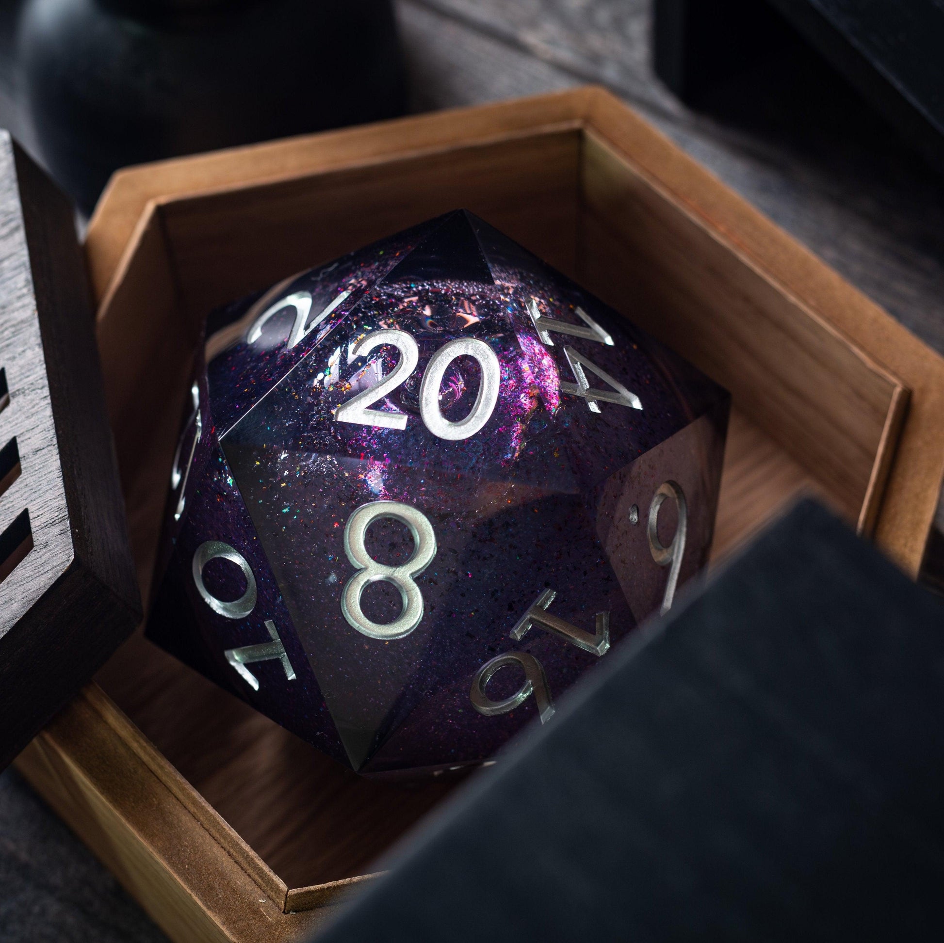 Massive Black Rainbow Glitter Liquid Core 95MM Chonk Handmade Resin Dice And Box Runic Dice