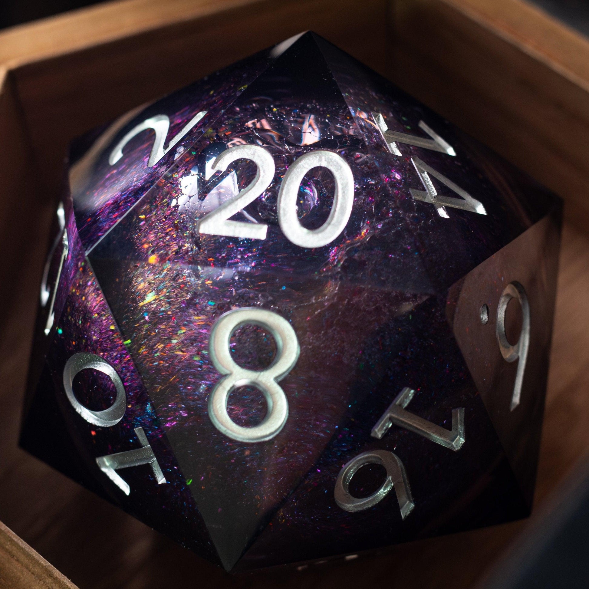 Massive Black Rainbow Glitter Liquid Core 95MM Chonk Handmade Resin Dice And Box Runic Dice