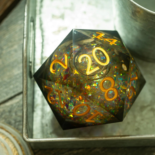 Massive Dark Black And Foil Liquid Core 95MM Chonk Handmade Resin Dice And Box Runic Dice