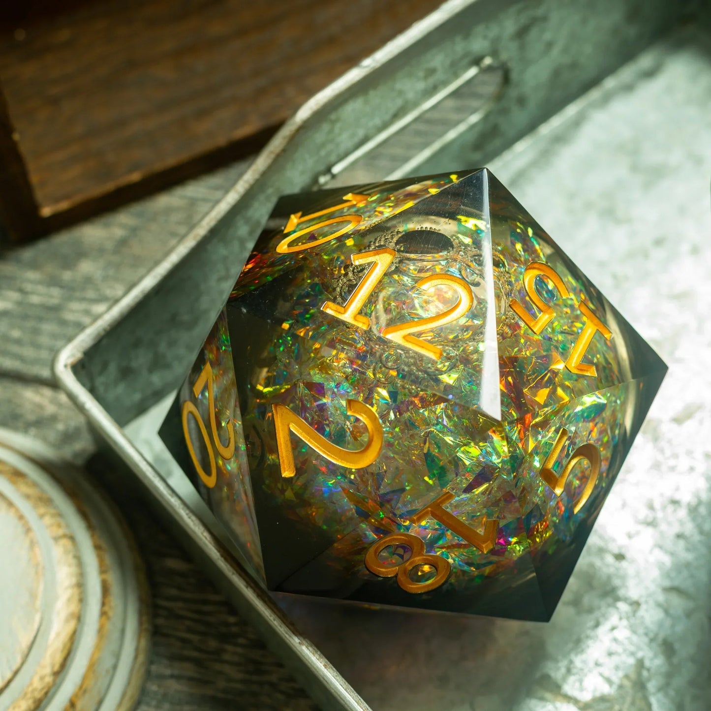 Massive Dark Black And Foil Liquid Core 95MM Chonk Handmade Resin Dice And Box Runic Dice