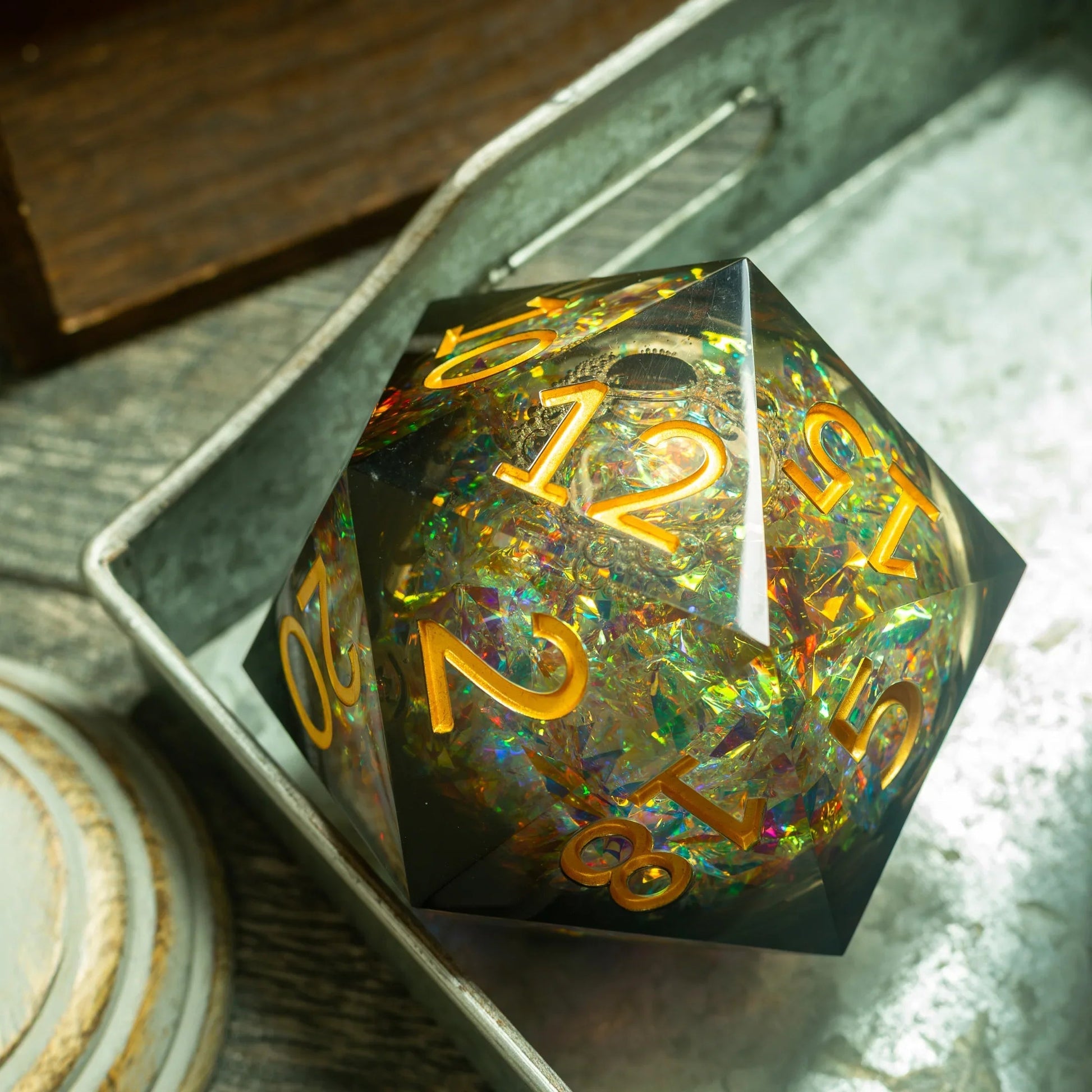 Massive Dark Black And Foil Liquid Core 95MM Chonk Handmade Resin Dice And Box Runic Dice