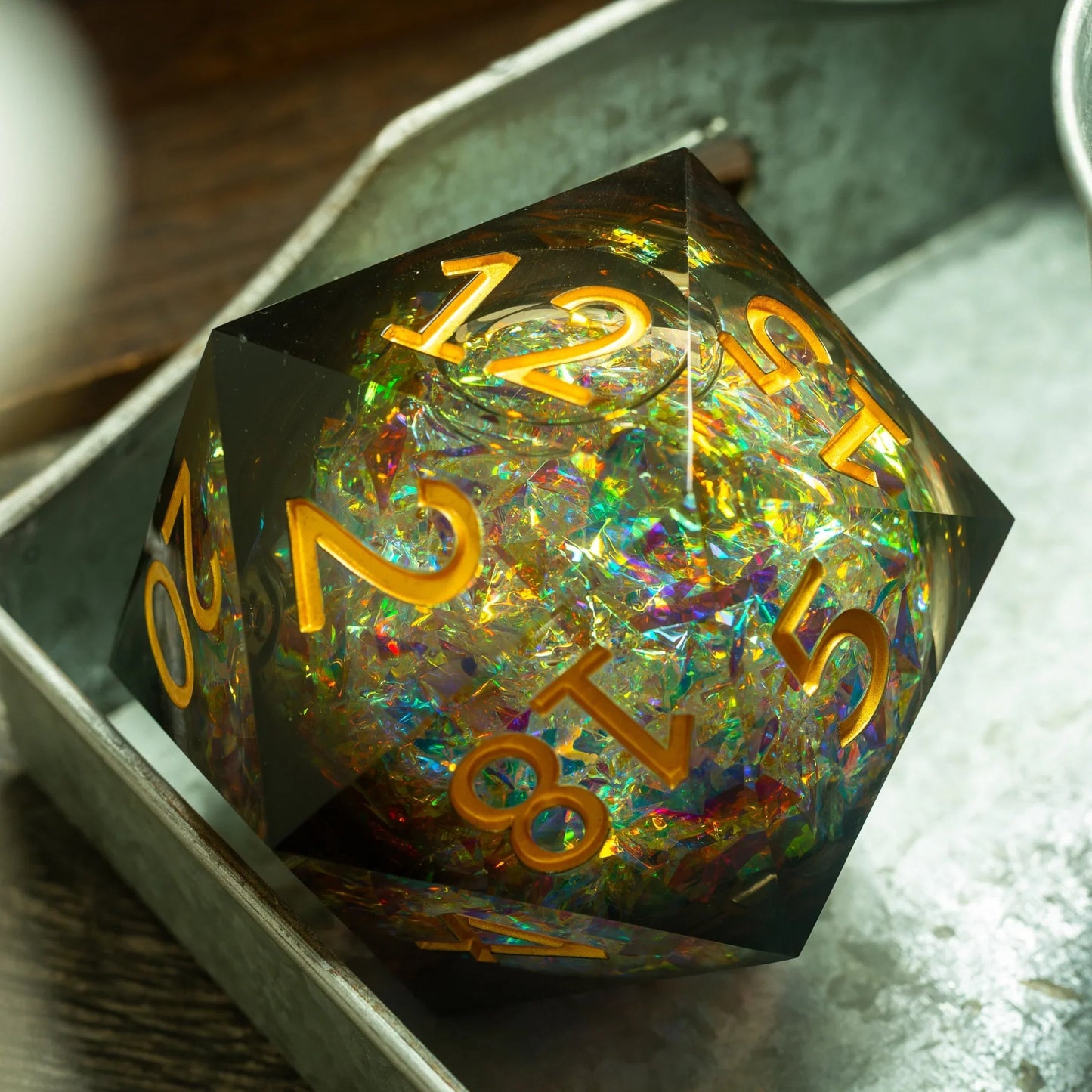Massive Dark Black And Foil Liquid Core 95MM Chonk Handmade Resin Dice And Box Runic Dice