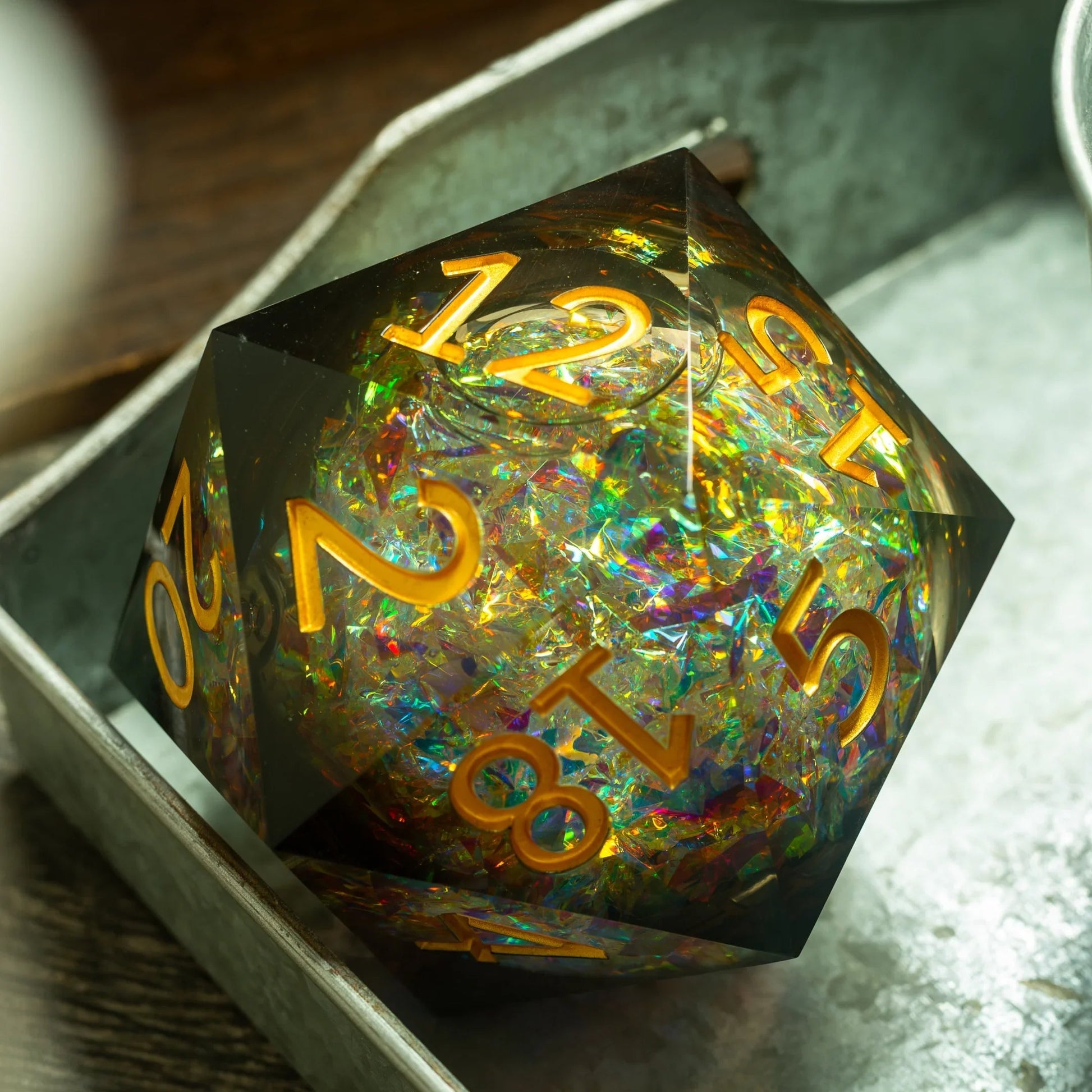 Massive Dark Black And Foil Liquid Core 95MM Chonk Handmade Resin Dice And Box Runic Dice