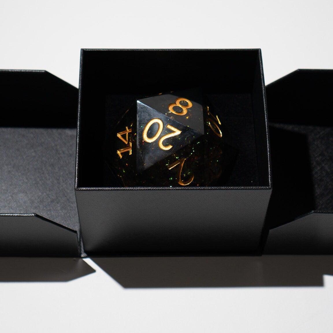 Massive Dark Black And Foil Liquid Core 95MM Chonk Handmade Resin Dice And Box Runic Dice