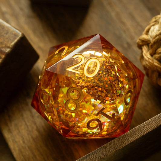 Massive Gold And Glitter Fireball Liquid Core 95MM Chonk Handmade Resin Dice And Box Runic Dice