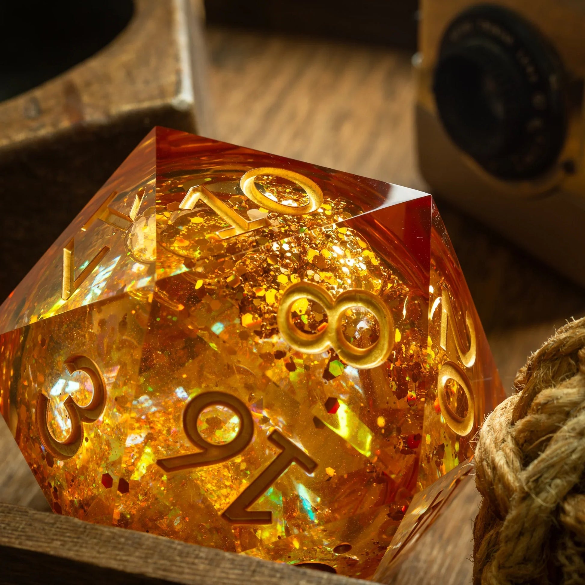 Massive Gold And Glitter Fireball Liquid Core 95MM Chonk Handmade Resin Dice And Box Runic Dice