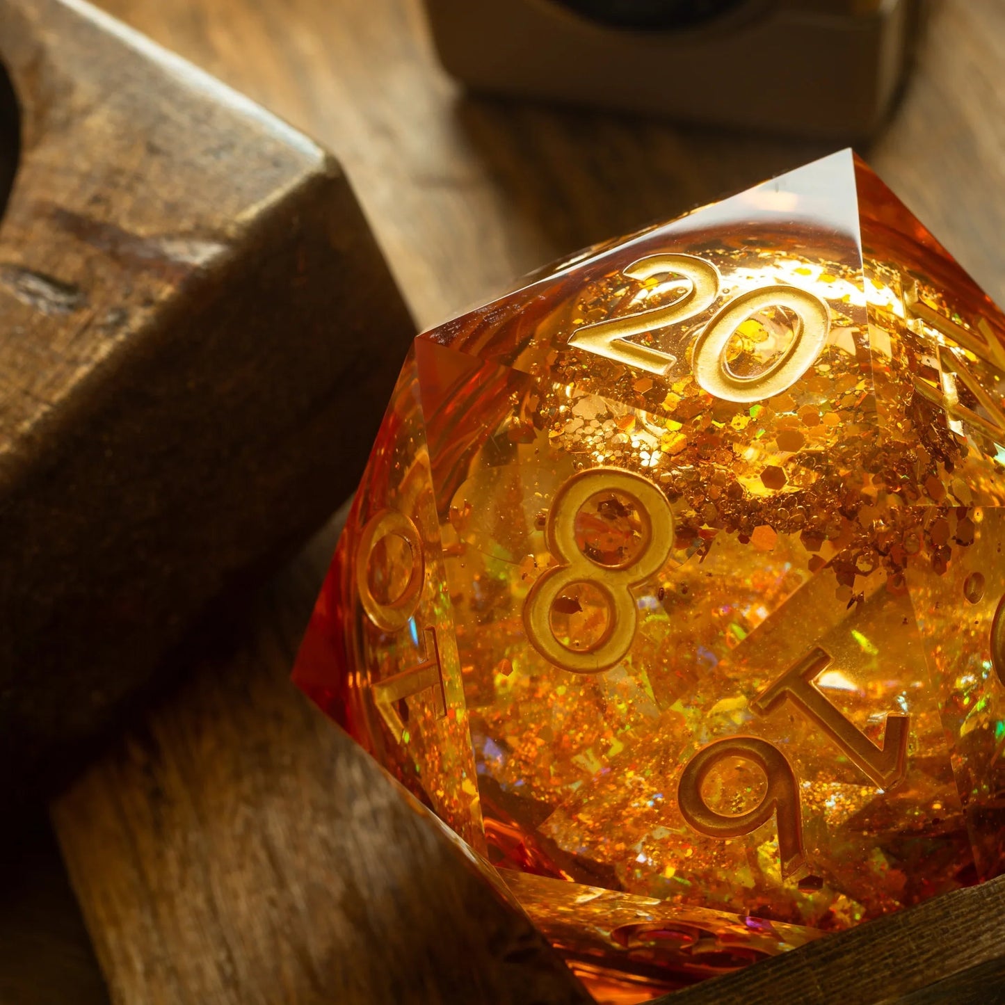 Massive Gold And Glitter Fireball Liquid Core 95MM Chonk Handmade Resin Dice And Box Runic Dice