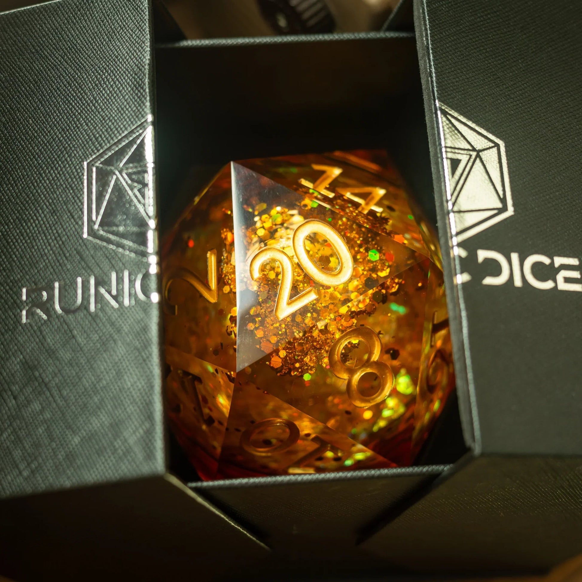 Massive Gold And Glitter Fireball Liquid Core 95MM Chonk Handmade Resin Dice And Box Runic Dice
