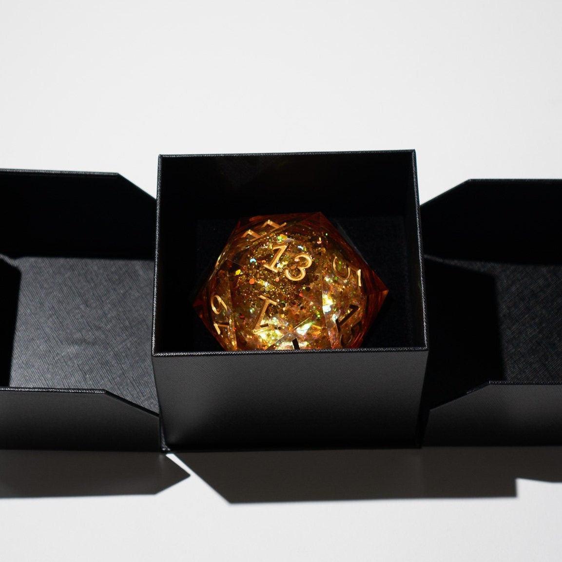 Massive Gold And Glitter Fireball Liquid Core 95MM Chonk Handmade Resin Dice And Box Runic Dice