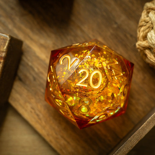 Massive Gold And Glitter Fireball Liquid Core 95MM Chonk Handmade Resin Dice And Box Runic Dice