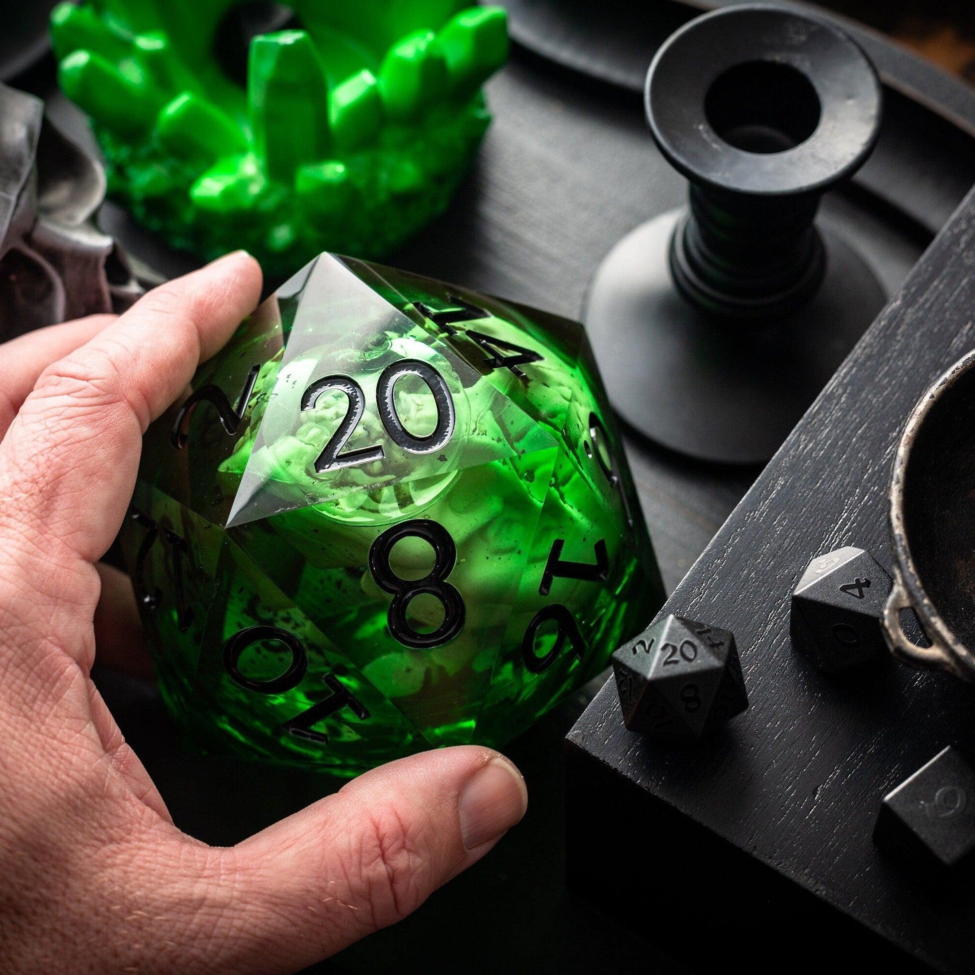 Massive Green Skull Liquid Core 95MM Chonk Handmade Resin Dice And Box Runic Dice