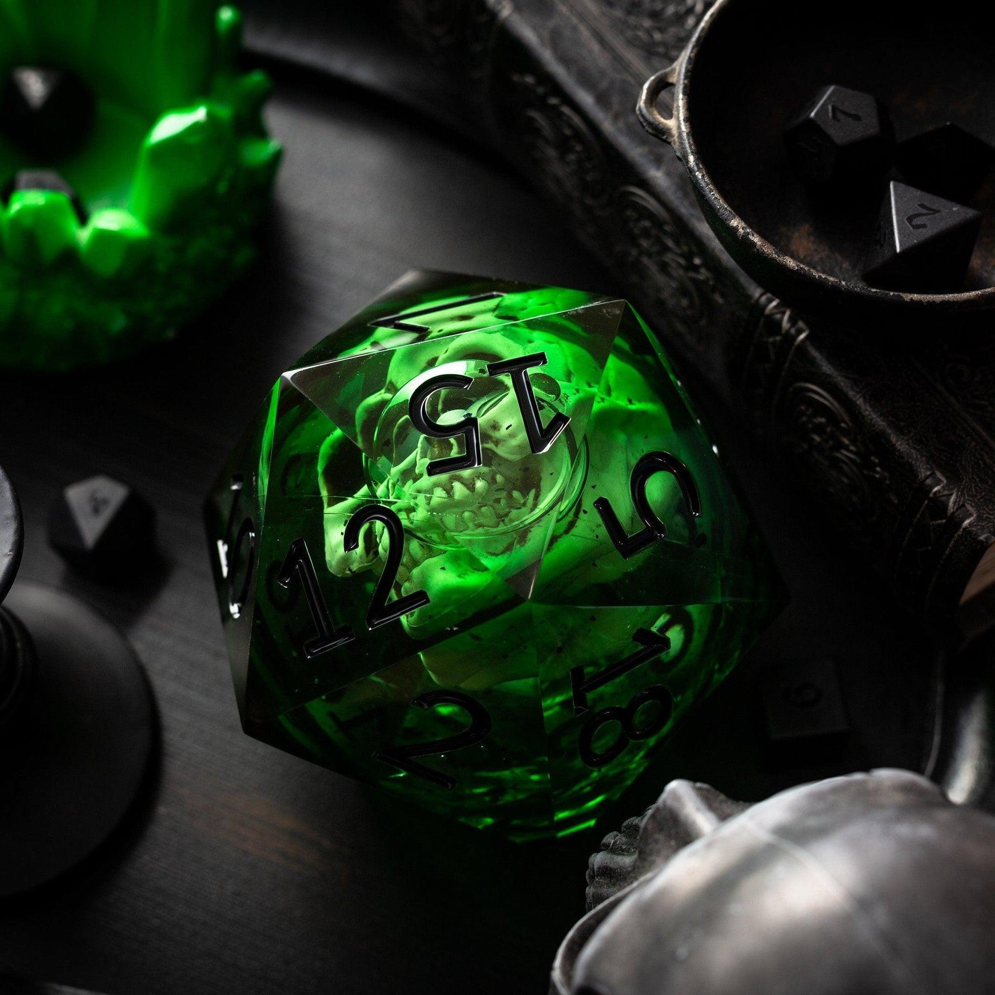 Massive Green Skull Liquid Core 95MM Chonk Handmade Resin Dice And Box Runic Dice