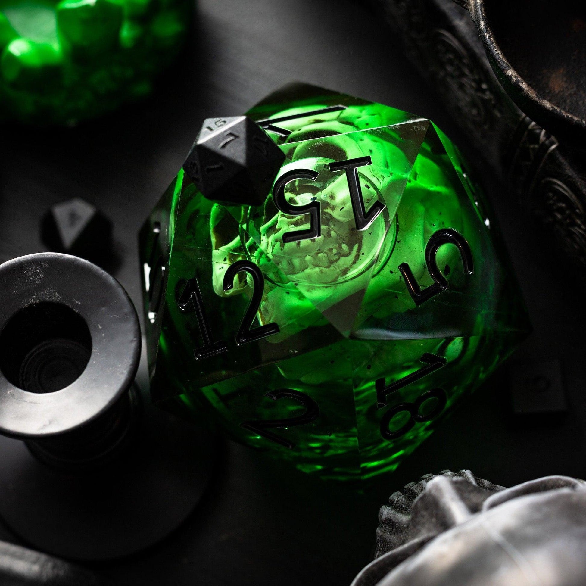 Massive Green Skull Liquid Core 95MM Chonk Handmade Resin Dice And Box Runic Dice
