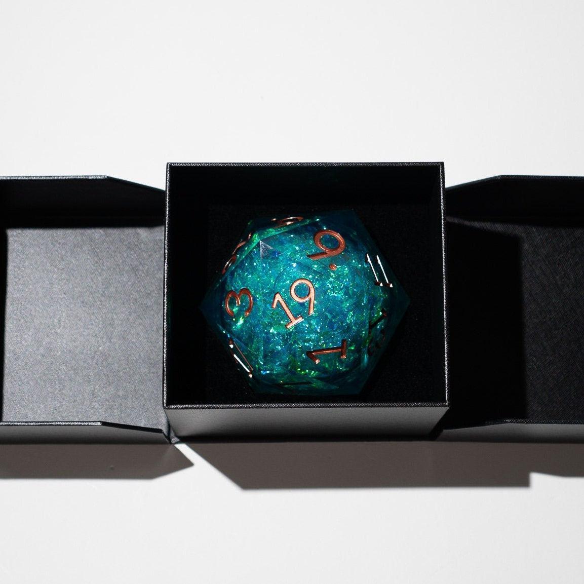 Massive Sea Green Teal Liquid Core 95MM Chonk Handmade Resin Dice And Box Runic Dice