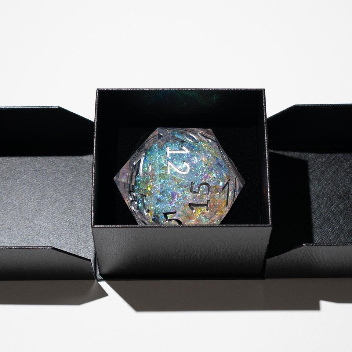 Massive Silver And Foil Liquid Core 95MM Chonk Handmade Resin Dice And Box Runic Dice