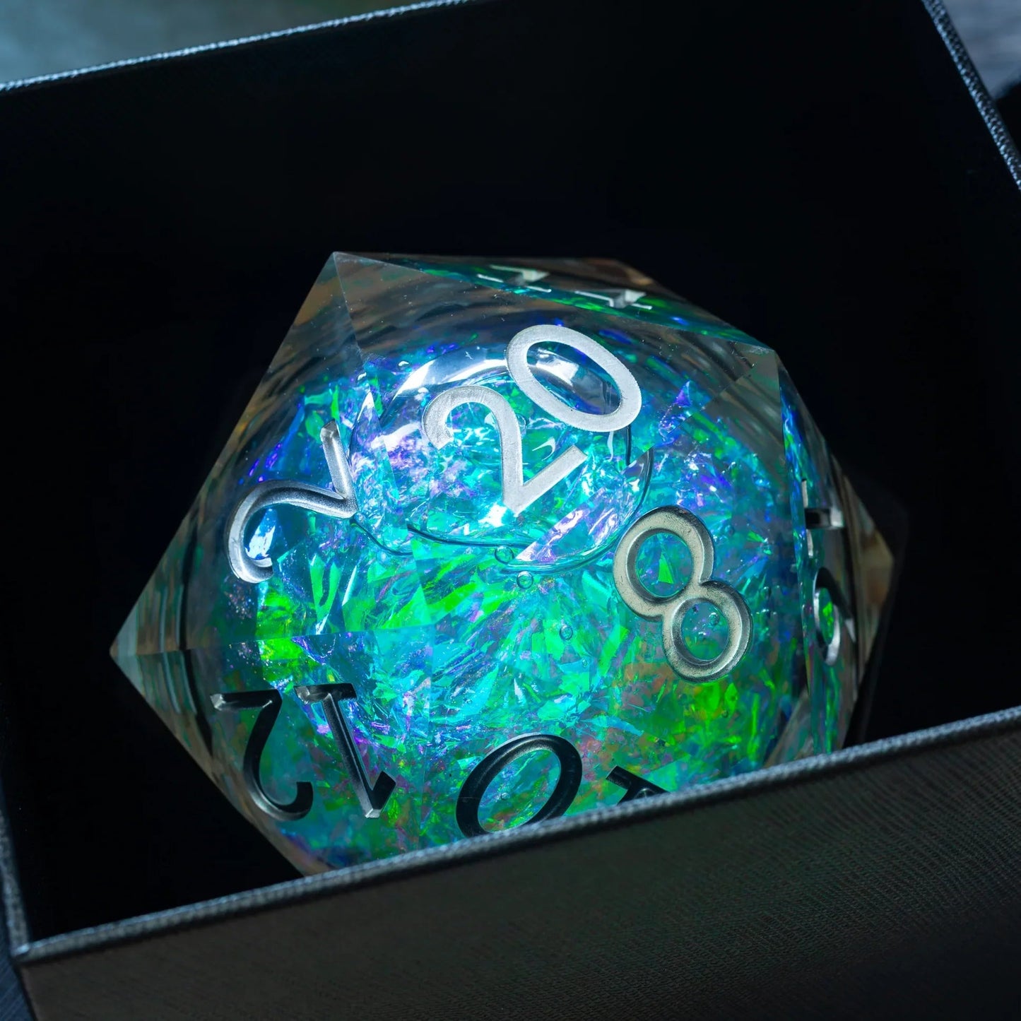 Massive Silver And Foil Liquid Core 95MM Chonk Handmade Resin Dice And Box Runic Dice