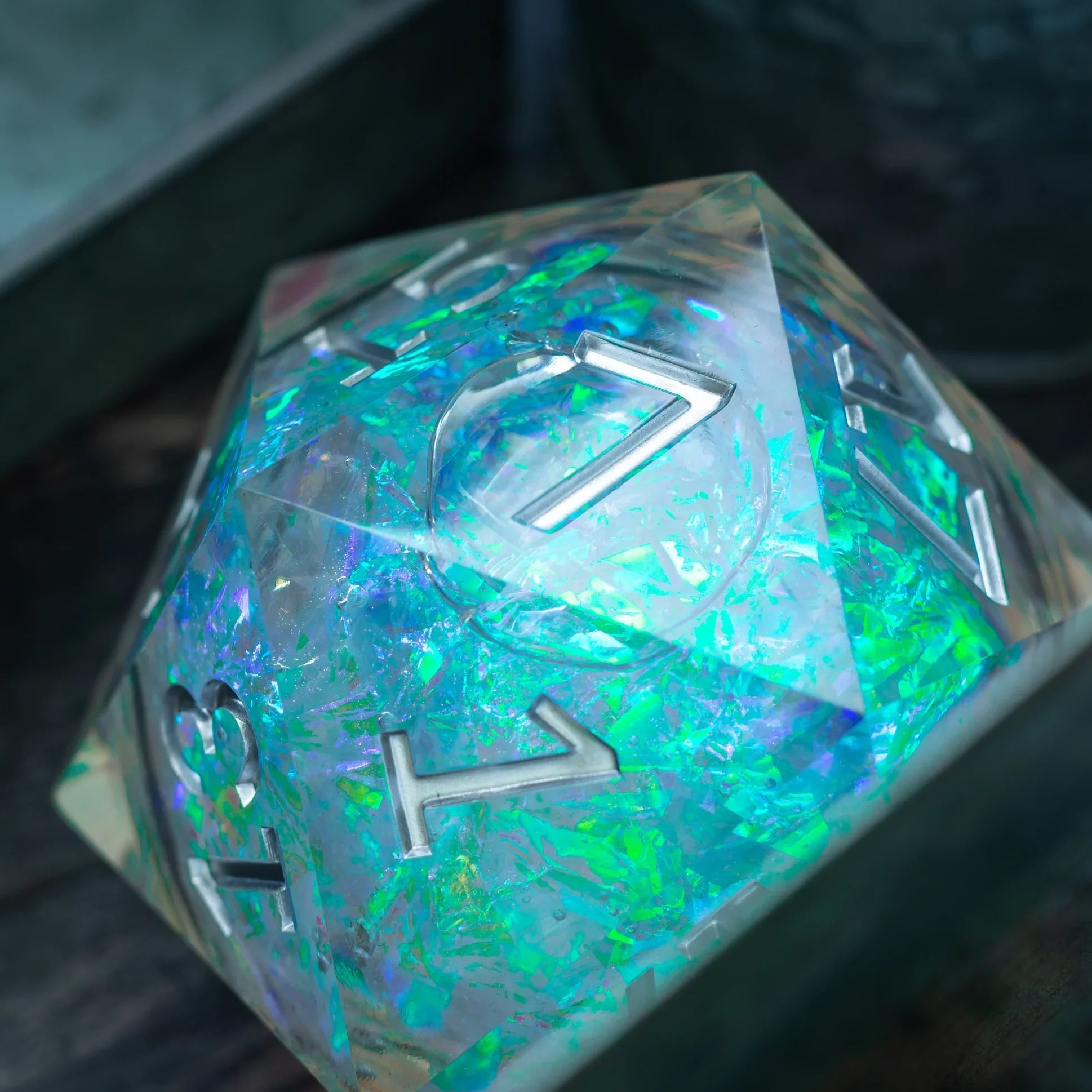 Massive Silver And Foil Liquid Core 95MM Chonk Handmade Resin Dice And Box Runic Dice