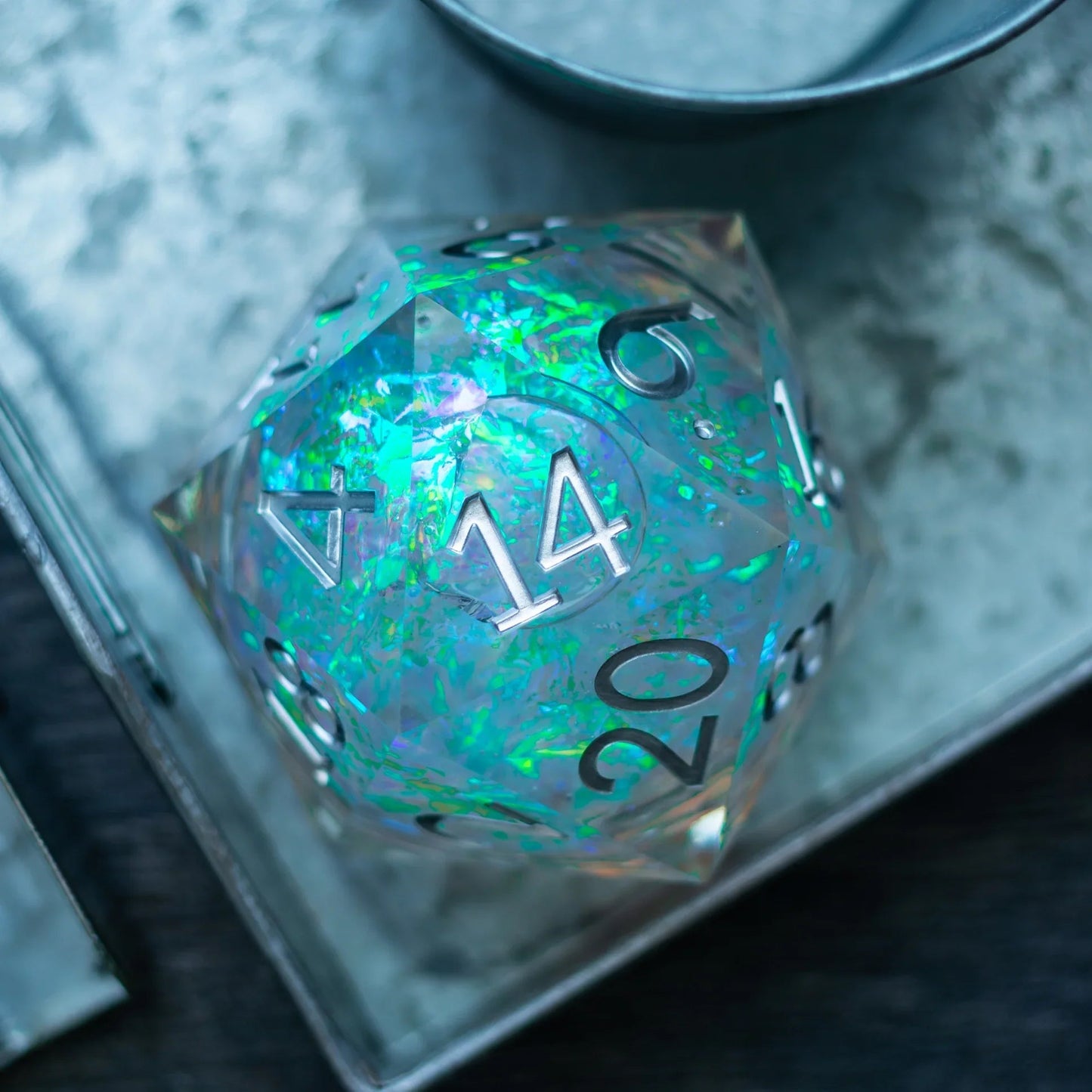 Massive Silver And Foil Liquid Core 95MM Chonk Handmade Resin Dice And Box Runic Dice